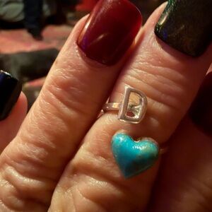 Sterling and Turquoise initial D & Heart Ring adjustable